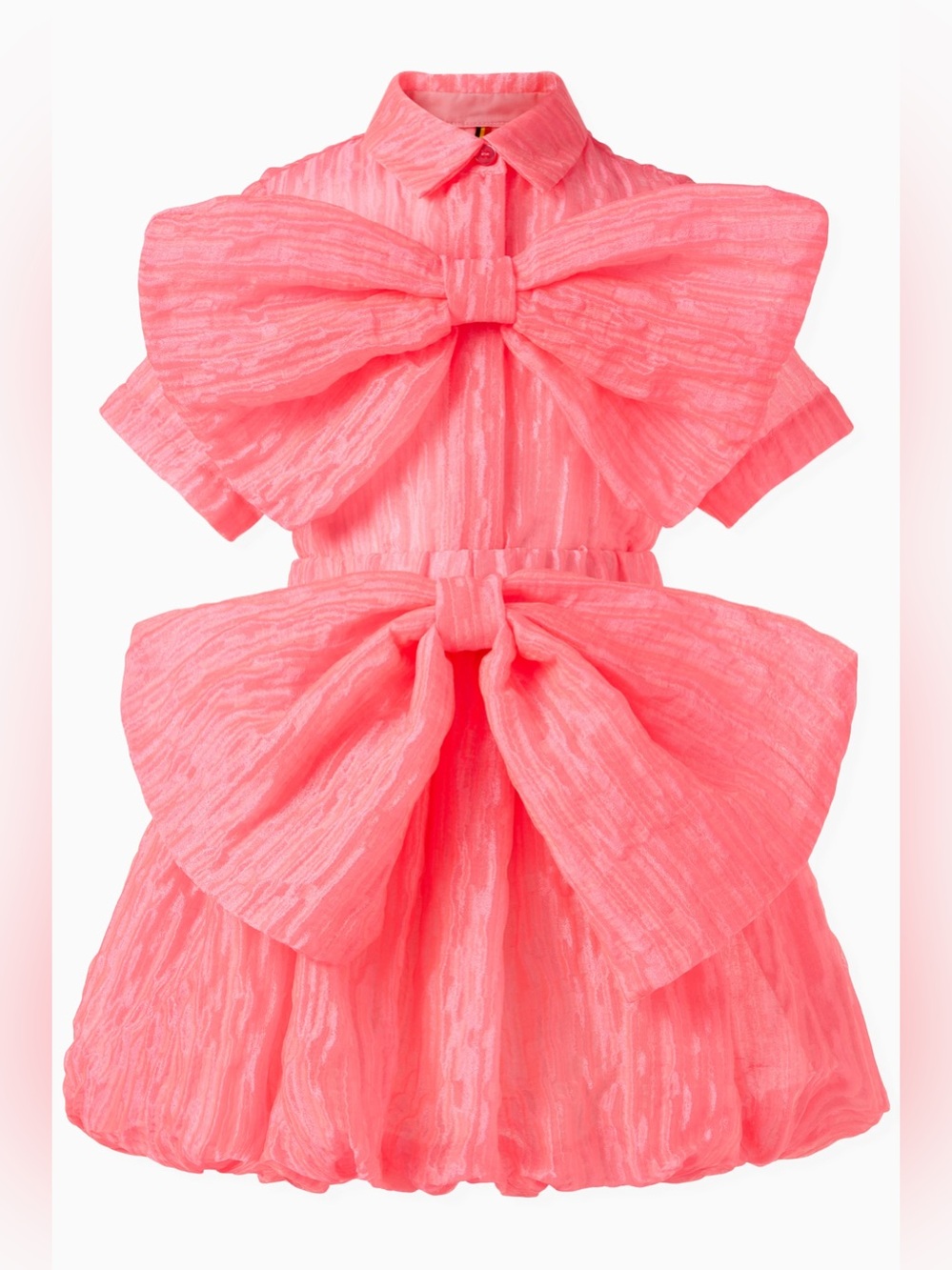 Caroline Bosmans Neon Pink Taffeta Bow Button Front + Bubble Skirt Designer Set